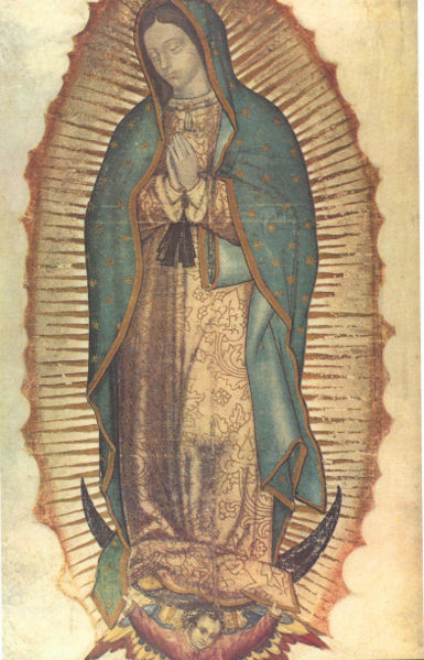 A Guadalupei Szűzanya vagy Guadalupei Miasszonyunk a Guadalupei bazilikában őrzött 16. századi Szűz Mária ikon, Mexikó 